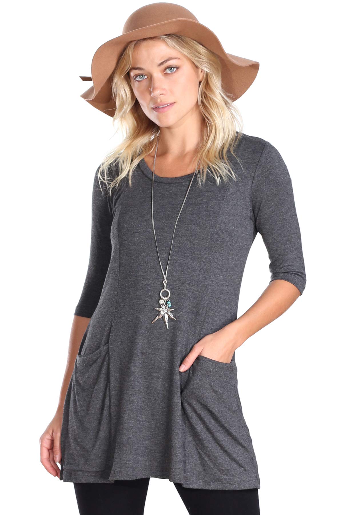 Popana Womens 3/4 Sleeve Tunic Top With Pockets for Leggings Made In USA Charcoal