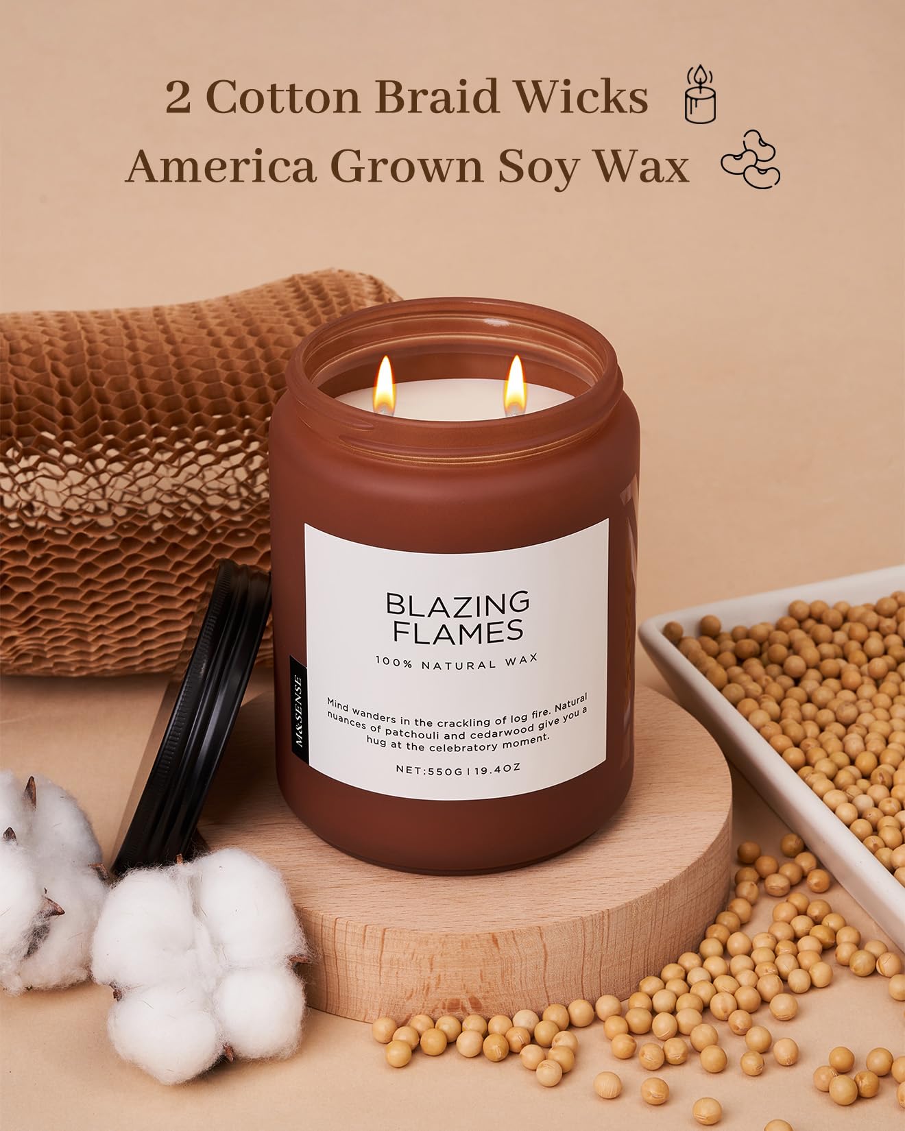 M&SENSE Blazing Flames Scented Candles with Log Fire - Patchouli & Cedarwood, Large Natural Soy 19.4oz 110 Hour Long Lasting Non Toxic Clean Burn Candle Gifts for Men Women