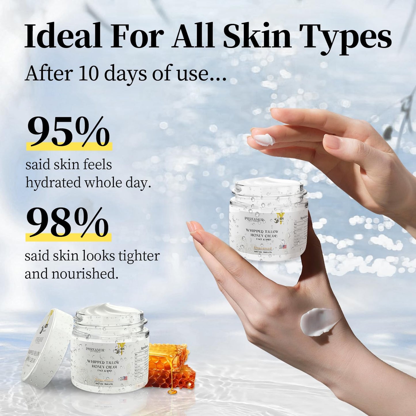 PUREAMOR Beef Tallow for Skin, Beef Tallow Face Moisturizer Cream, Fast Absorption Whipped Tallow and Honey Balm, 2oz. Unscented, Grass Fed Beef Tallow for Skin Care, Face,Body Moisturizer,Made in USA