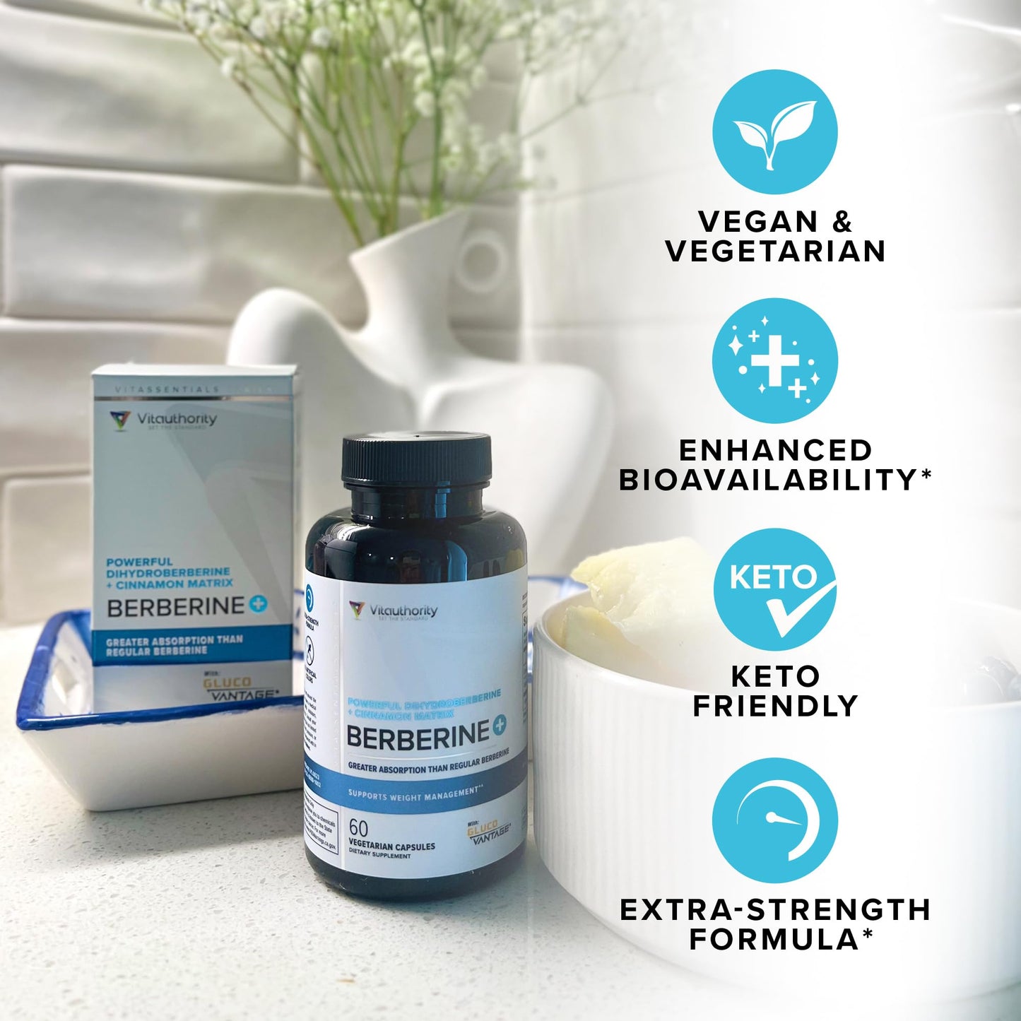 Vitauthority Berberine with Ceylon Cinnamon Supplements | High Absorption Dihydroberberine for Balance and Support | Vegan Powerful AMPk Activator & Antioxidant | 30 Servings