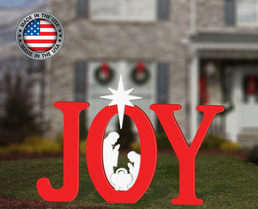 FrontYard Originals All-Weather Red Joy Nativity, Waterproof, Made in USA, 46 inches Tall, Durable Material, Simple Assembly, Easy Storage, Yard Art Joy Nativity Set.