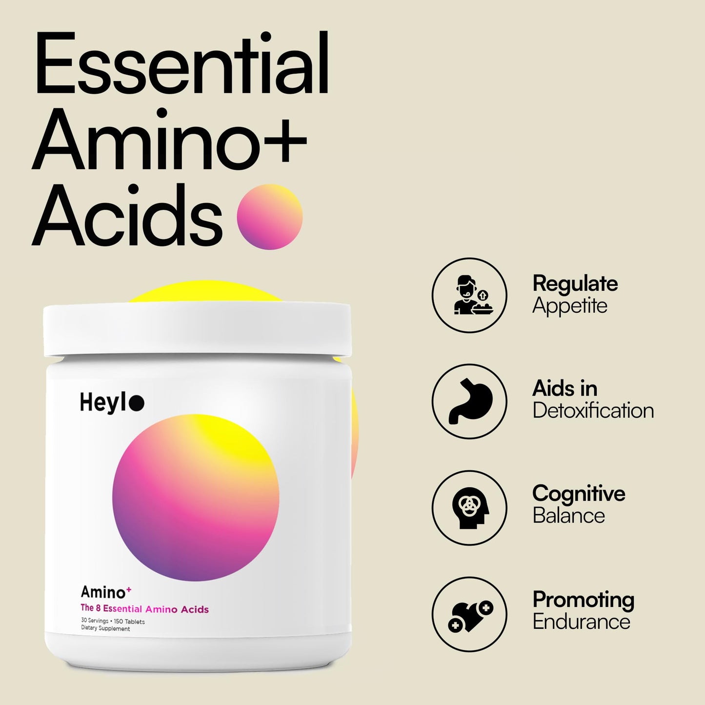 Heylo Amino+ Acid Supplement Blend - Essential Amino Acids with BCAAs for Muscle Recovery, Energy, and Protein Synthesis | Healthy Skin & Joints - Vegan, Non-GMO, 150 Tablets
