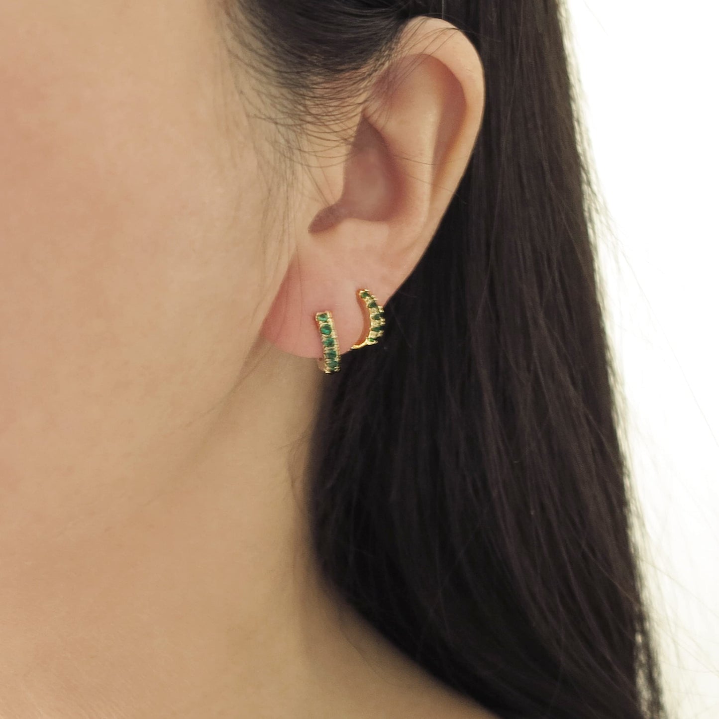 Sterling Silver Emerald Cubic Zirconia Paved Huggie Hoop Earrings Nickel Free Lead Free Made In USA (8mm Inner Diameter, Real 18K Gold Plated)