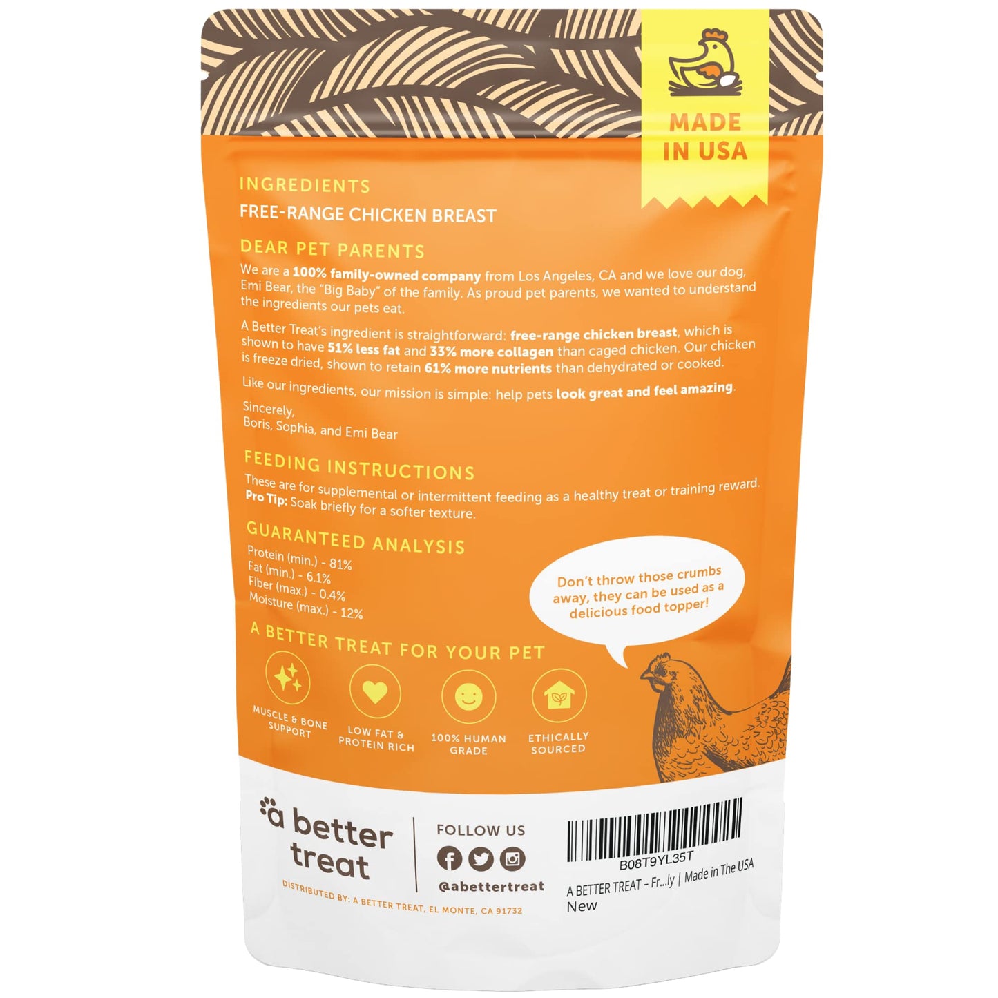 A Better Treat – Freeze Dried Chicken Breast Dog Treats, Free Range, Single Ingredient | Natural Healthy High Value | Gluten Free, Grain Free, High Protein, Diabetic Friendly | Made in The USA