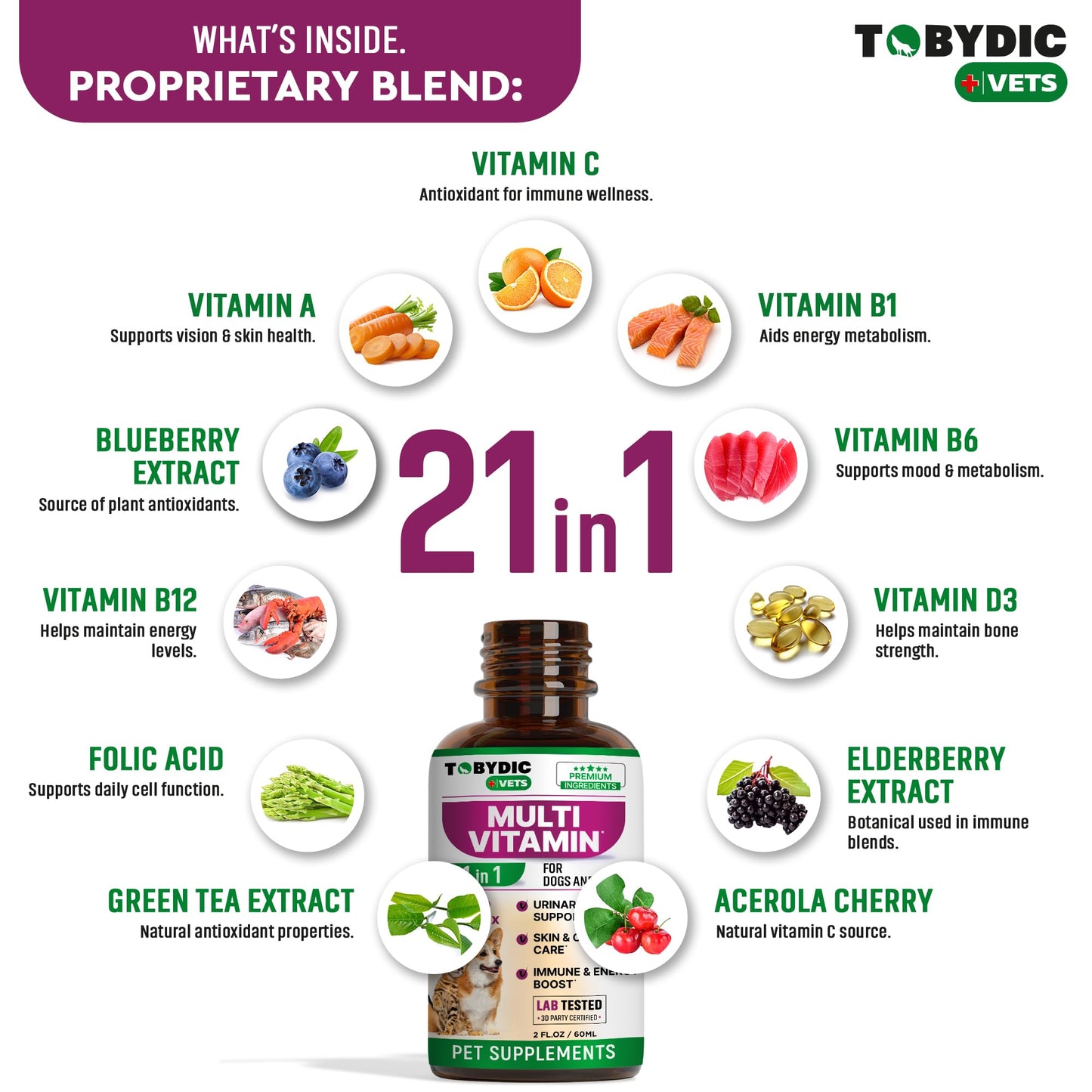 TOBYDIC Cat & Dog Multivitamin 21 in 1 Pet Supplements with Cranberry & Glucosamine - Natural Medicine & Support for UTI, Urinary Tract, Bladder, Kidney, Skin Coat, Joints Treatment Made in USA