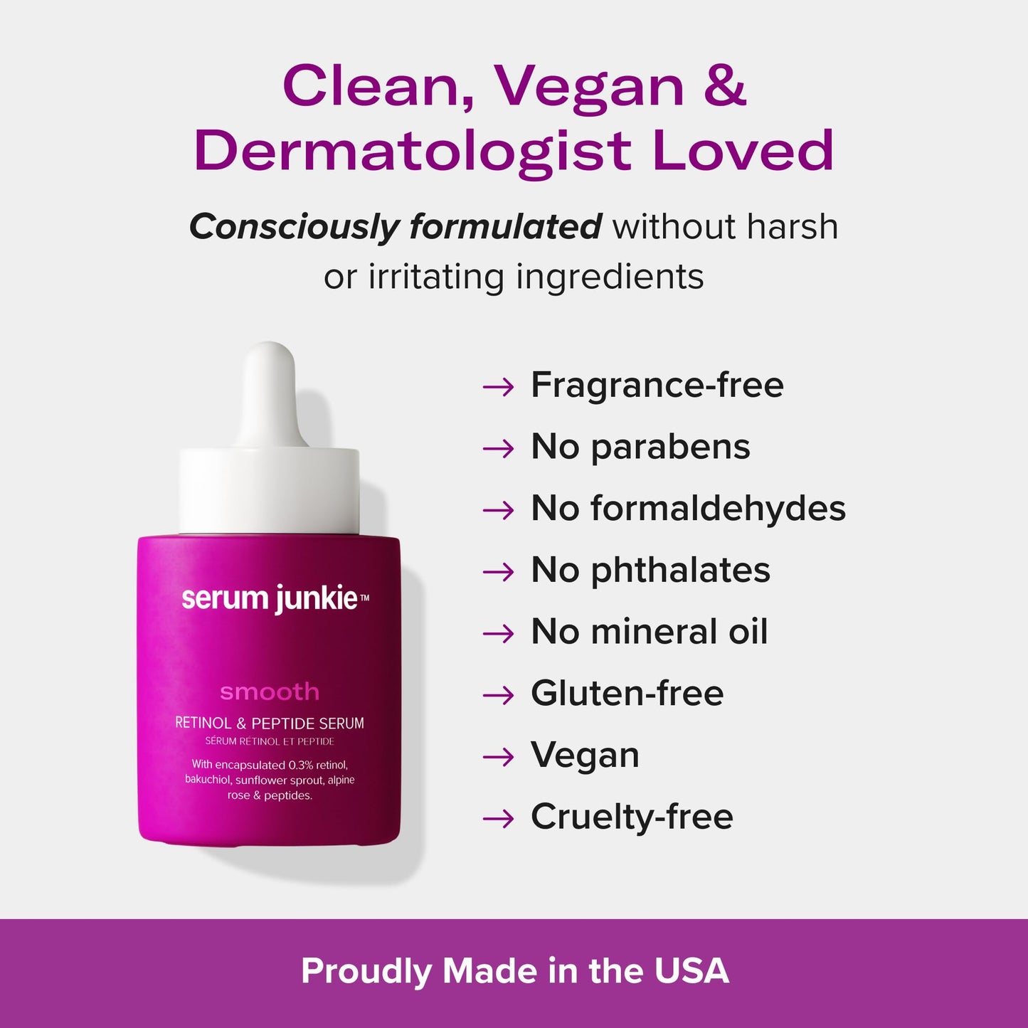 serum junkie SMOOTH Retinol and Peptide Serum with Encapsulated Retinol, Bakuchiol, Matrixyl 3000, Melatonin, Vitamin E, Anti-Aging, Targets Fine Lines, Uneven Texture, Dullness, 1 fl oz