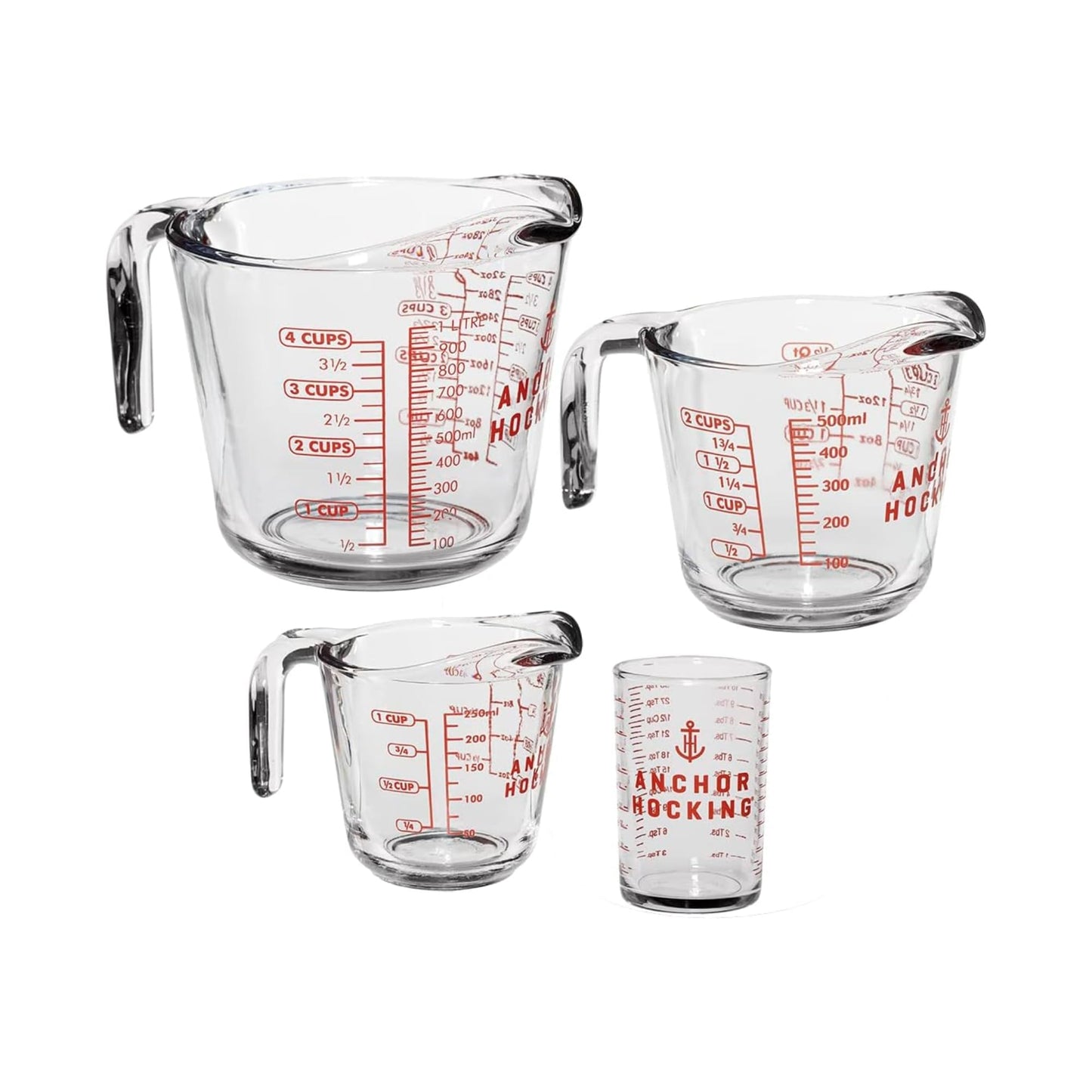Anchor Hocking Glass Measuring Cups, 4 Piece Set (5 Ounce, 1 Cup, 2 Cup, 4 Cup liquid measuring cups)
