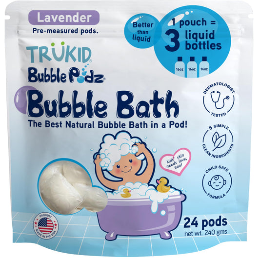 TruKid Bubble Podz Bubble Bath for Kids, Toddlers, & Babies, Tear Free Gentle & Refreshing Bath Bomb for Sensitive Skin with Natural Moisturizers, Non-Toxic, pH Balanced, Lavender Scent (24 Podz)