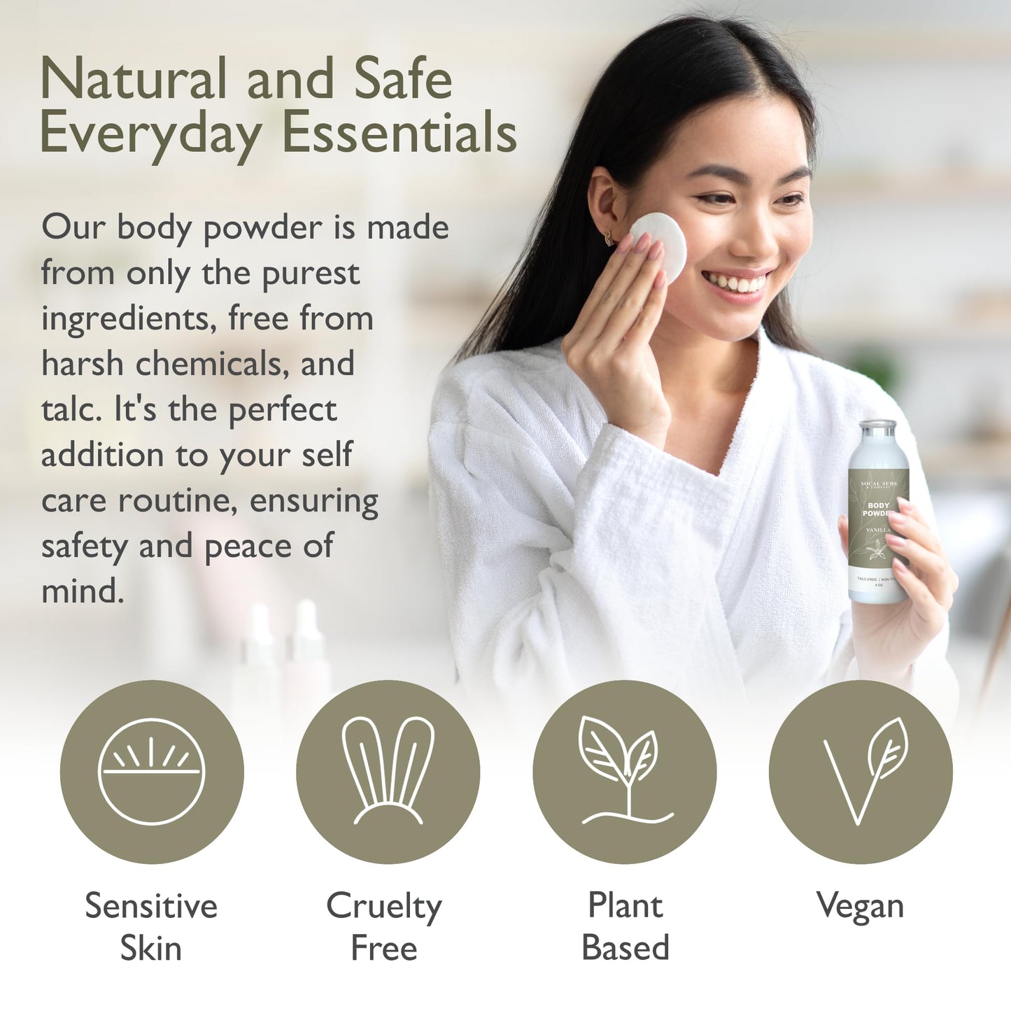 SoCal Suds & Company - Natural Body Powder Talc-Free - with Arrowroot Powder, Kaolin, Aspen Bark Extract for Soft Soothing Delicate Skin - Vanilla 4oz, 1-Pack