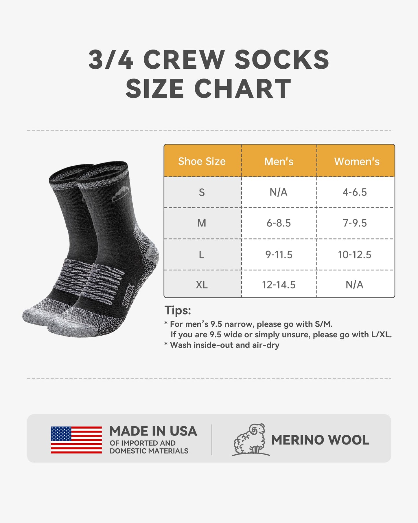 SAMSOX 2-Pack Merino Wool Hiking Sock, Made in USA, Black/Grey M