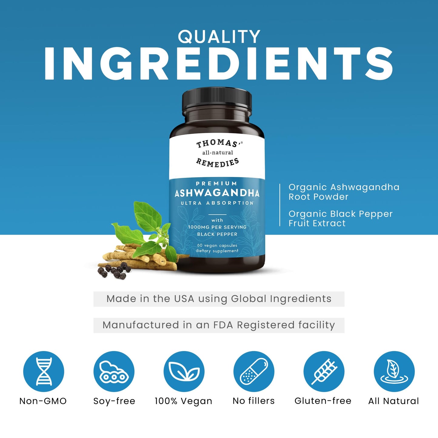 Thomas' all-natural Remedies Organic Ashwagandha Stress Support Supplement, Mood & Energy Support, Pure Ashwagandha 1000mg, Ultra Absorption with Black Pepper, Vegan, No fillers