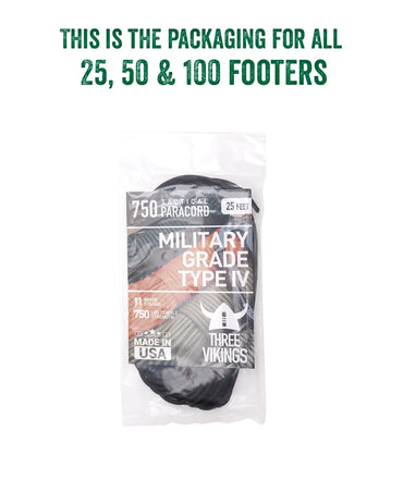 Three Vikings Paracord Rope - 100% Nylon 11 Strand Core - Type IV 750lb - Stronger Than Paracord 550 Cord - Made in USA - Available in Continuous Spools and Many Colors