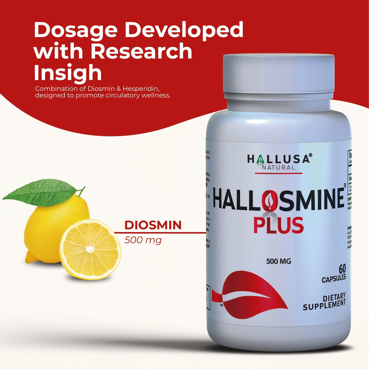 Hallosmine Plus Diosmin 500mg, Varicose Veins, Leg Circulation Supplement, Heavy Legs, Diosmin Circulation Support, Lymphatic Drainage & Blood Circulation Supplement - 60 Caps
