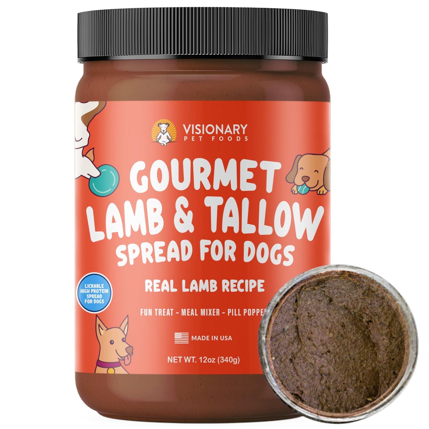 Visionary Pet Foods Lamb and Tallow Meat Spread - Healthy Dog Treat - Alternative to Dog Peanut Butter, Xylitol Free, No Sugar and Filler Free - Use on Lick Mat, Food Mixer, Pill Pockets - 12oz Jar