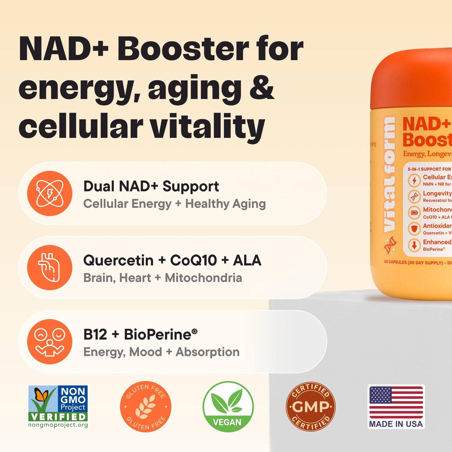 VitalForm NAD+ Booster โ NMN + NR Complex for Energy, Healthy Aging, Brain & Mitochondrial Support โ with Resveratrol, CoQ10, Quercetin, B12 & BioPerine โ 60 Vegan Capsules