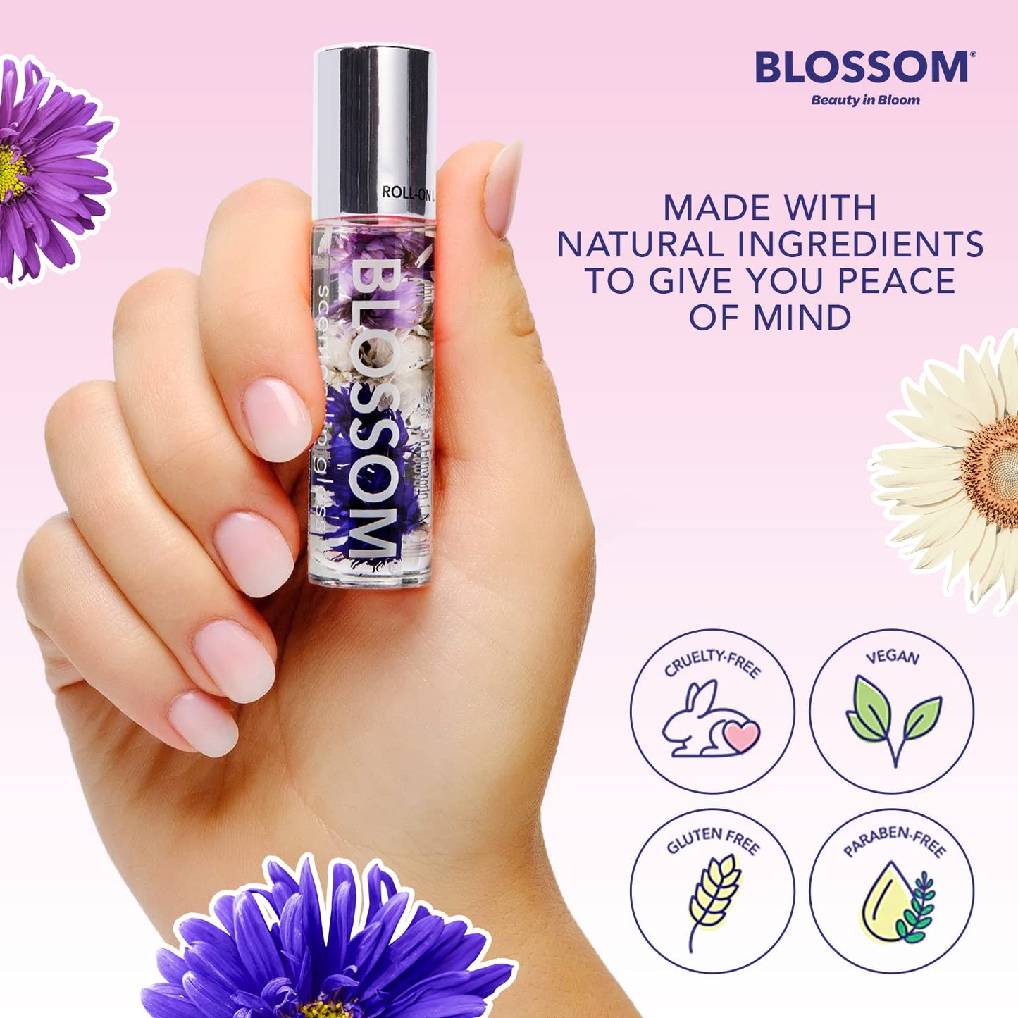 Blossom Roll on Lip Gloss, Scented Clear High Shine Moisturizing Lip Oil, Non Sticky, Infused with Real Flowers, Made in USA, 0.2oz, Coconut