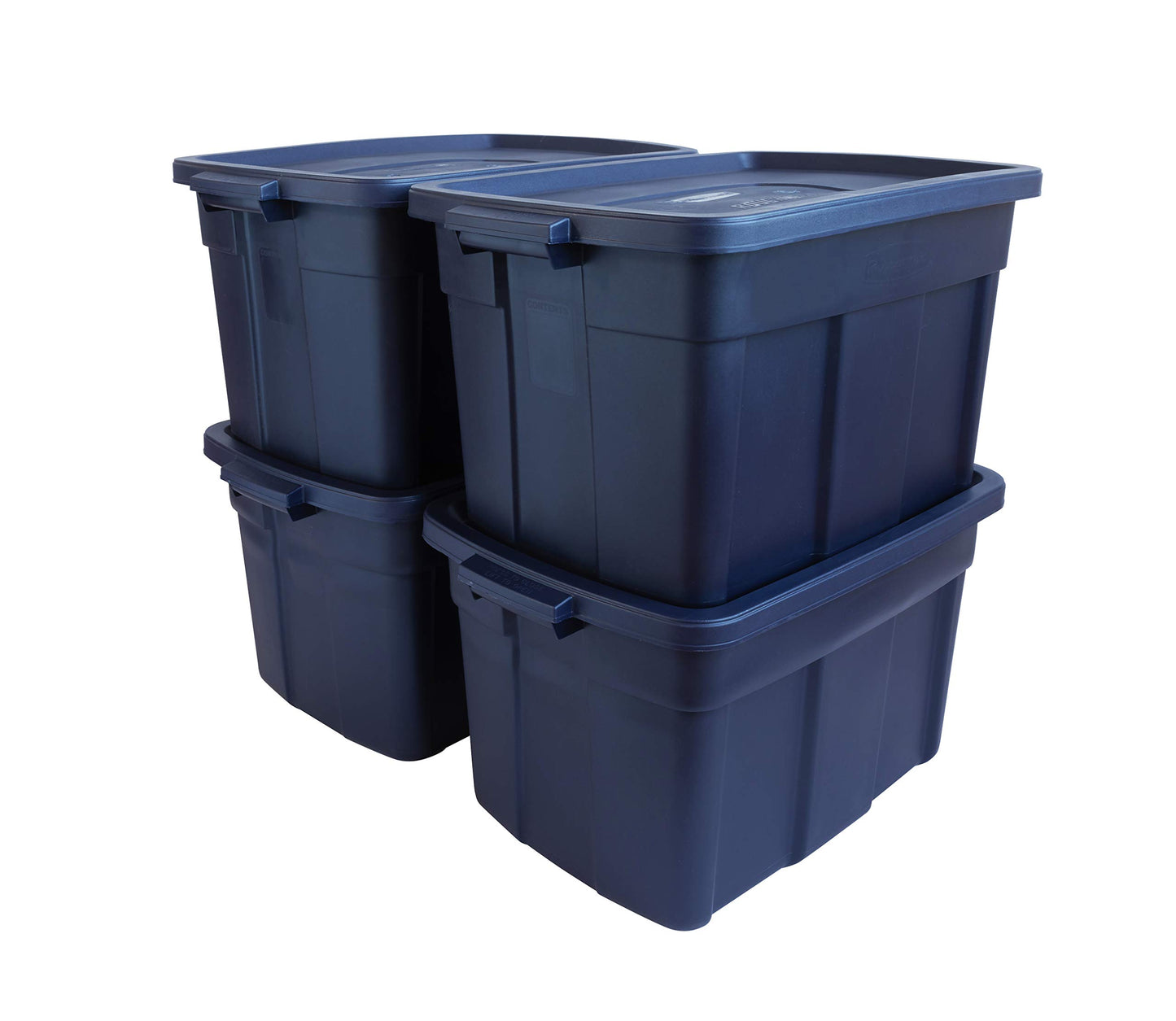 Rubbermaid Roughneck Tote 25 Gal, 4 Pack, Made in USA, Dark Indigo Metallic, Rugged Plastic Stackable Storage Bins with Lids and Handles