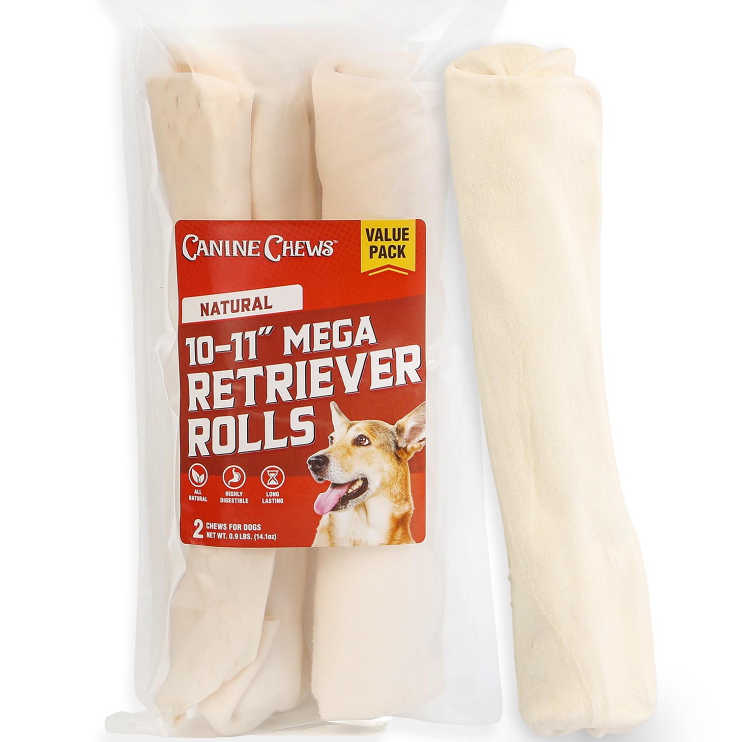 Canine Chews 10-11" MEGA Retriever Rolls (2 Pack) Natural Rawhide for Big Dogs - Long-Lasting Dog Chew Treats for Aggressive Chewers - Odor-Free - Extra-Large