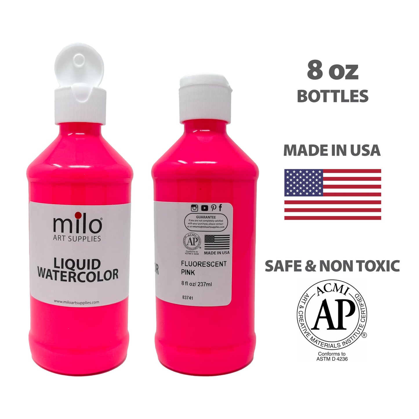 milo Fluorescent Liquid Watercolor Paint Set of 6 Colors | 8 oz Bottles | Neon, Washable, Safe and Non-Toxic | Made in the USA | Art & Craft Paints | Glows UV with Black Light