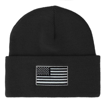 Armycrew Made in USA Grey American Flag Embroidered Knit Cuff Long Beanie - Black