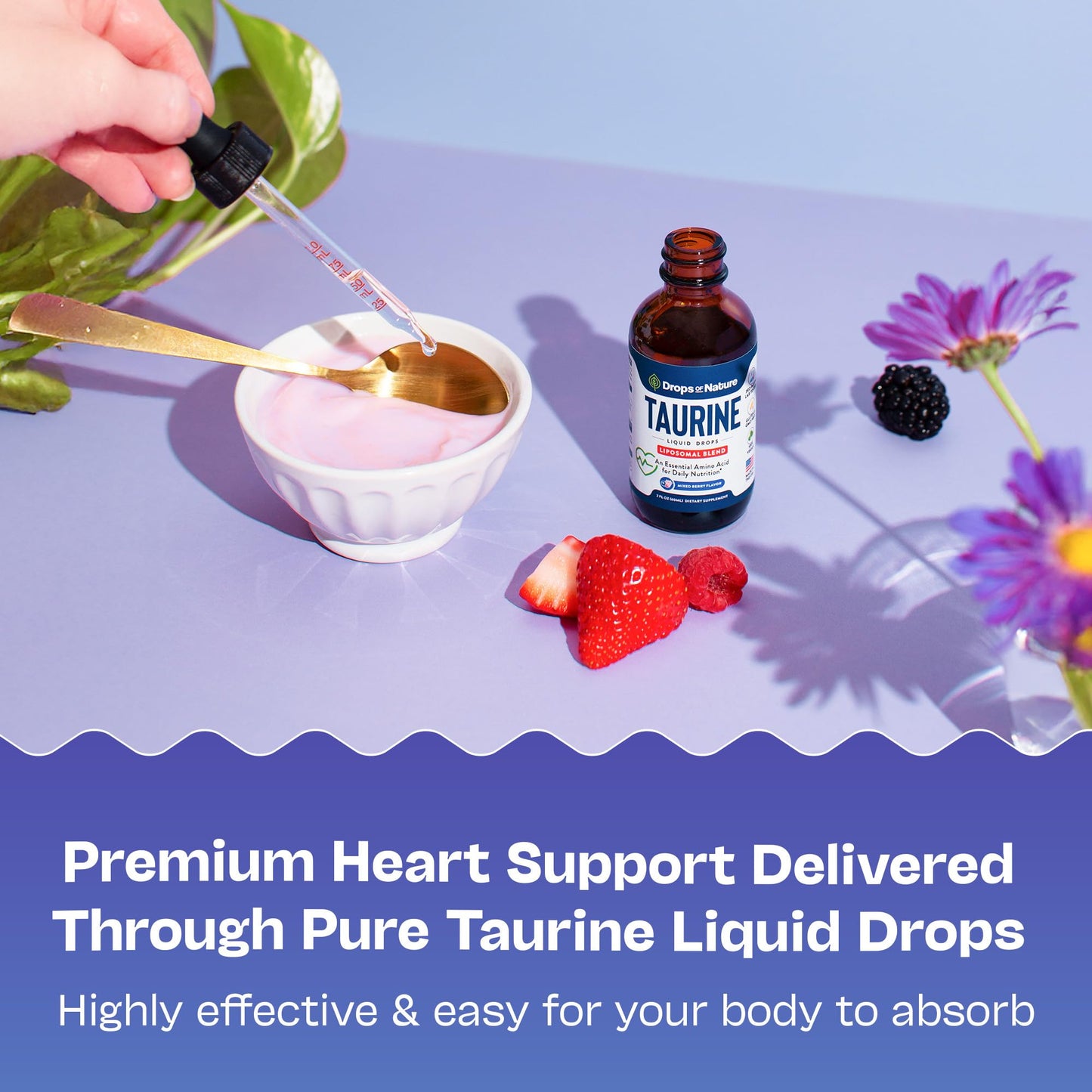 Taurine Liquid Drops Supplement - Fast Absorbing, Non-GMO, Vegan - Free Form Amino Acid for Hydration and Cognitive Function Support - Complements Essential Amino Acids Supplement (Mixed Berry, 60 mL)