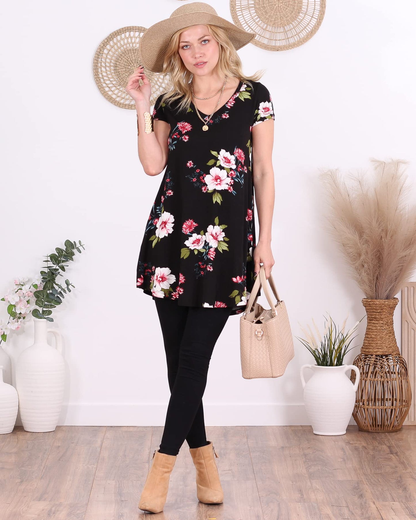 Popana Womens Short Sleeve Summer Tunic Tops to Wear with Leggings Loose Fit Made in USA Floral
