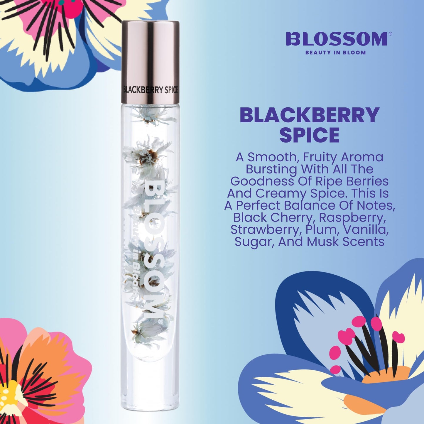 Blossom Roll on Perfume for Women Alcohol Free Rollerball Perfume Oil with Essential Oils, Infused with Real Flowers, Made in USA, 0.20oz (Dark Berries, Plum, Vanilla, Sugar), Blackberry Spice
