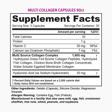Multi Collagen Peptides Capsules for Women - Hydrolyzed Collagen for Women Pills with Types I II III V & X Plus Vitamin C & Hyaluronic Acid for Beautiful Hair Skin and Nails - 30 Servings