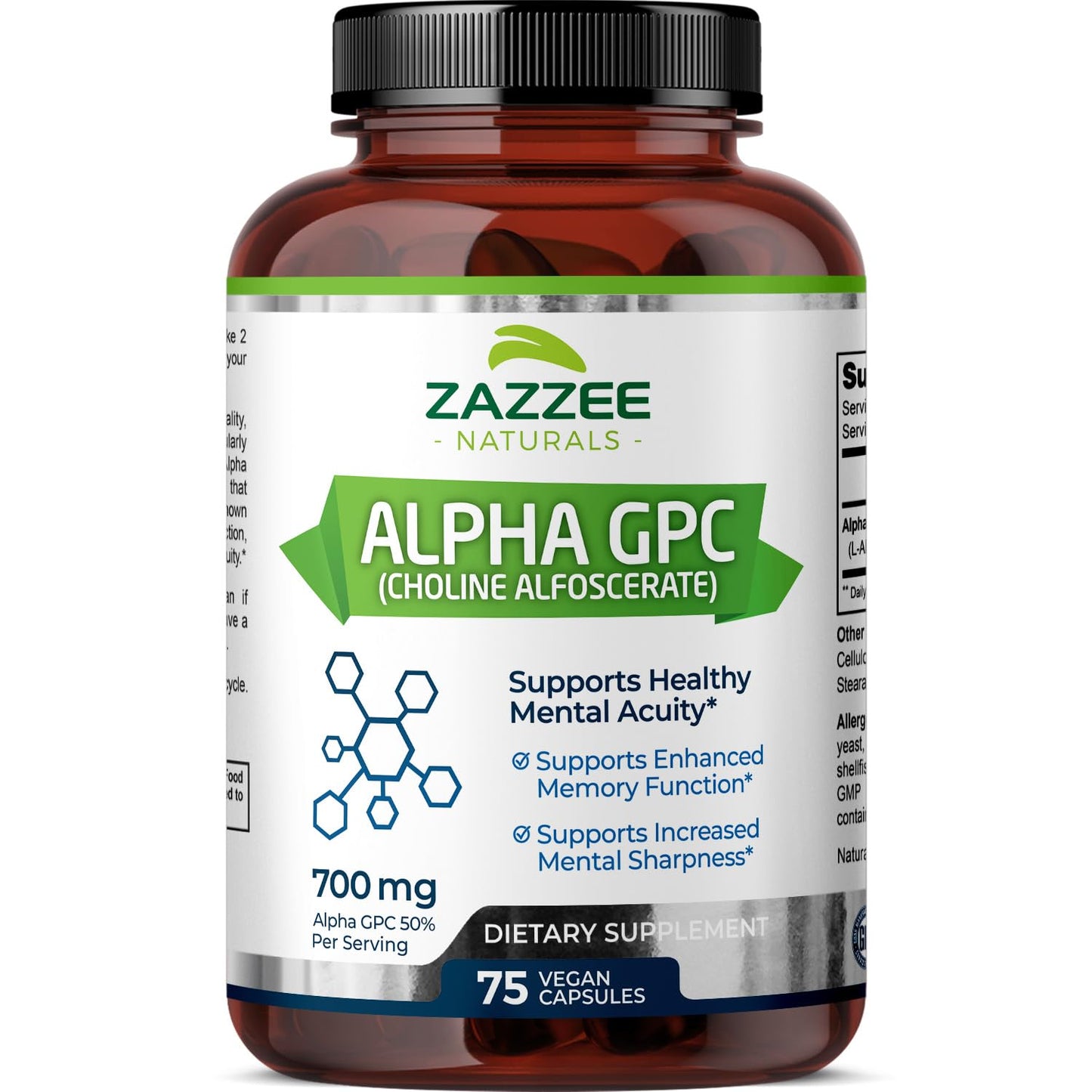 Zazzee Extra Strength Alpha GPC Choline, 700 mg per Serving, 75 Vegan Capsules, 100% Pure Pharmaceutical Grade, 100% Vegetarian, Standardized for Potency and Purity, All-Natural and Non-GMO