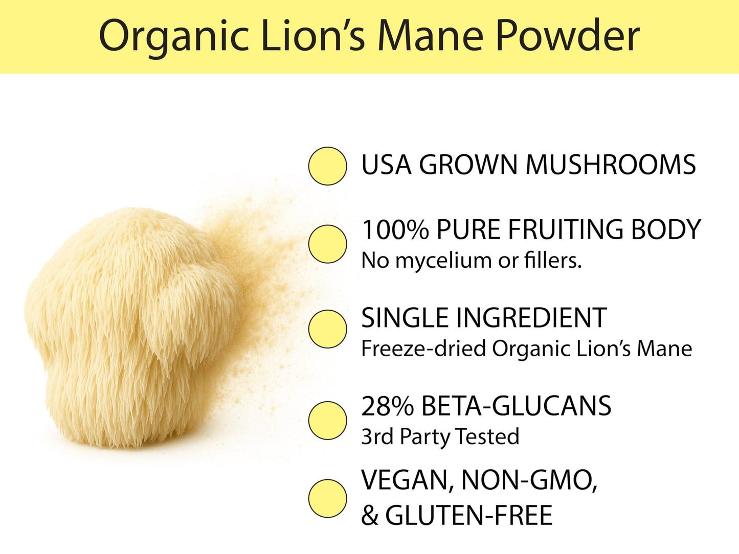 KOYAH - Organic USA Lion's Mane Mushroom Powder - 80 Servings - 100% Fruiting Body, Freeze-Dried, 3rd Party Tested for Beta-Glucans, Non-GMO, Vegan. Brain & Nerve Support. Immune Support.