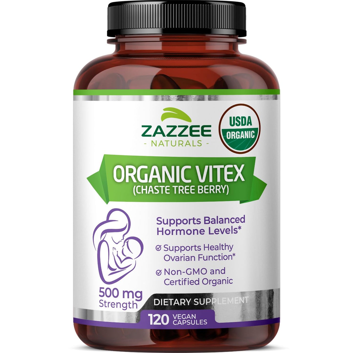 Zazzee USDA Organic Vitex, 500 mg Strength, 120 Vegan Capsules, 4 Month Supply, Standardized and Concentrated 4X Extract, Whole USDA Certified Organic Chaste Berry, All-Natural and Non-GMO