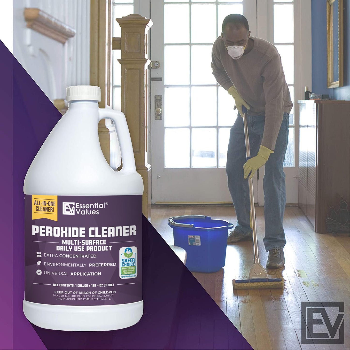 Essential Values Peroxide Cleaner 5%, Safer Choice Certified | Made in USA, Multi-Surface - Extra Concentrated - Ideal for Residential Commercial Retail Hospital Restaurants