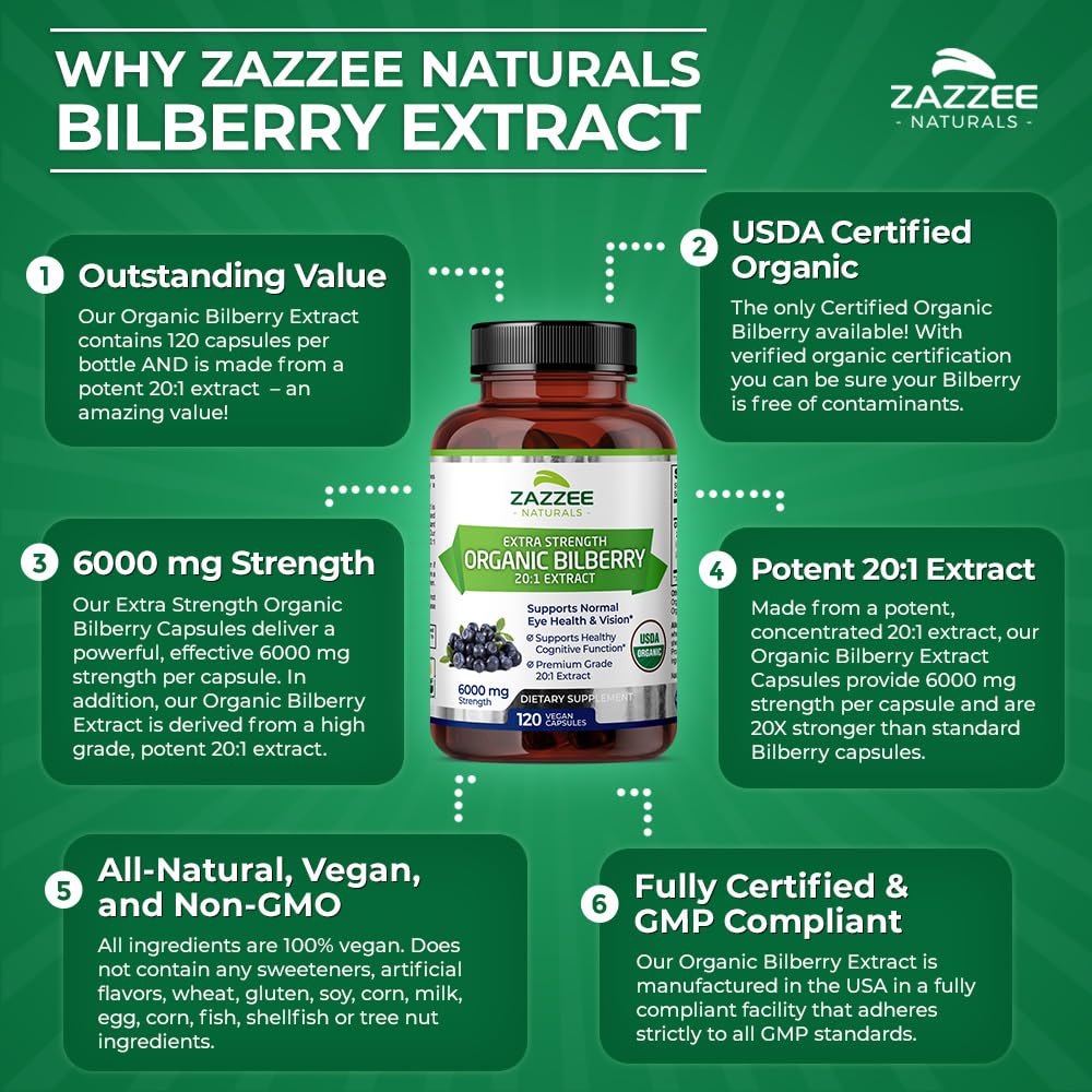 Zazzee USDA Organic Bilberry 20:1 Extract, 6000 mg Strength, 120 Vegan Capsules, 4 Month Supply, Standardized and Concentrated 20X Extract, 100% Vegetarian, All-Natural, Non-GMO, Made in The USA