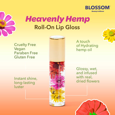 Blossom Roll on Lip Gloss, Scented Clear High Shine Moisturizing Lip Oil, Non Sticky, Infused with Real Flowers, Made in USA, 0.2oz, Mango Hemp
