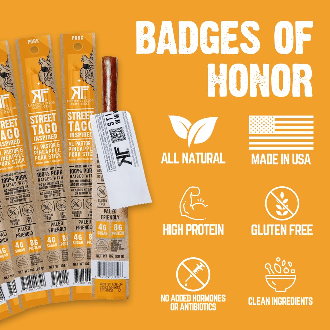 Righteous Felon Meat Sticks | 100% Pork Sticks | Gluten Free & Keto Meat Sticks | Low Sugar & High Protein Pork Sticks | Healthy Snack for Adults | Jerky Gifts for Men | Street Taco, 10 Pack