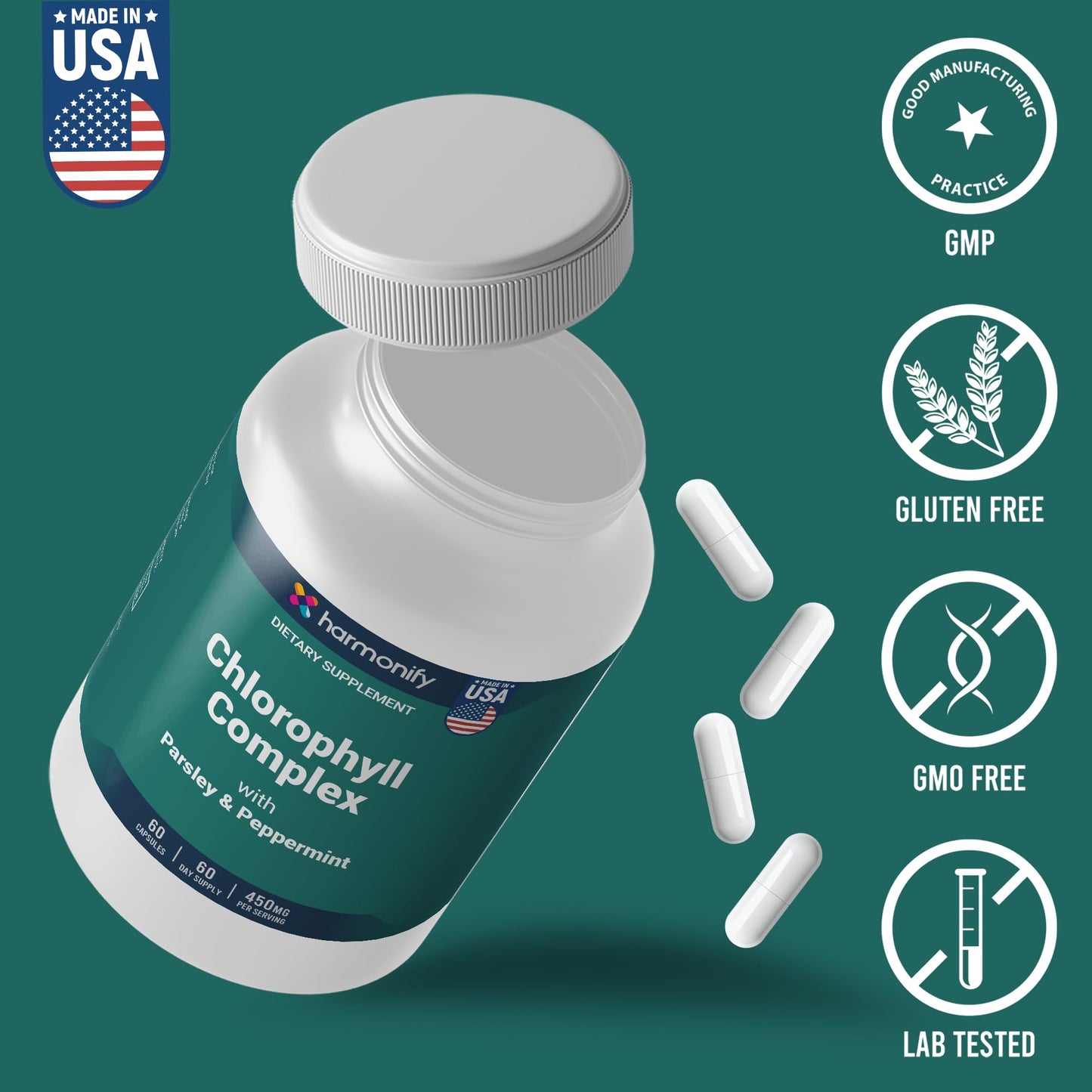 HARMONIFY Chlorophyll Capsules 450mg, Natural Chlorophyll Pills for Women & Men – Highly Bioavailable Chlorophyll Supplement – 120 Capsules