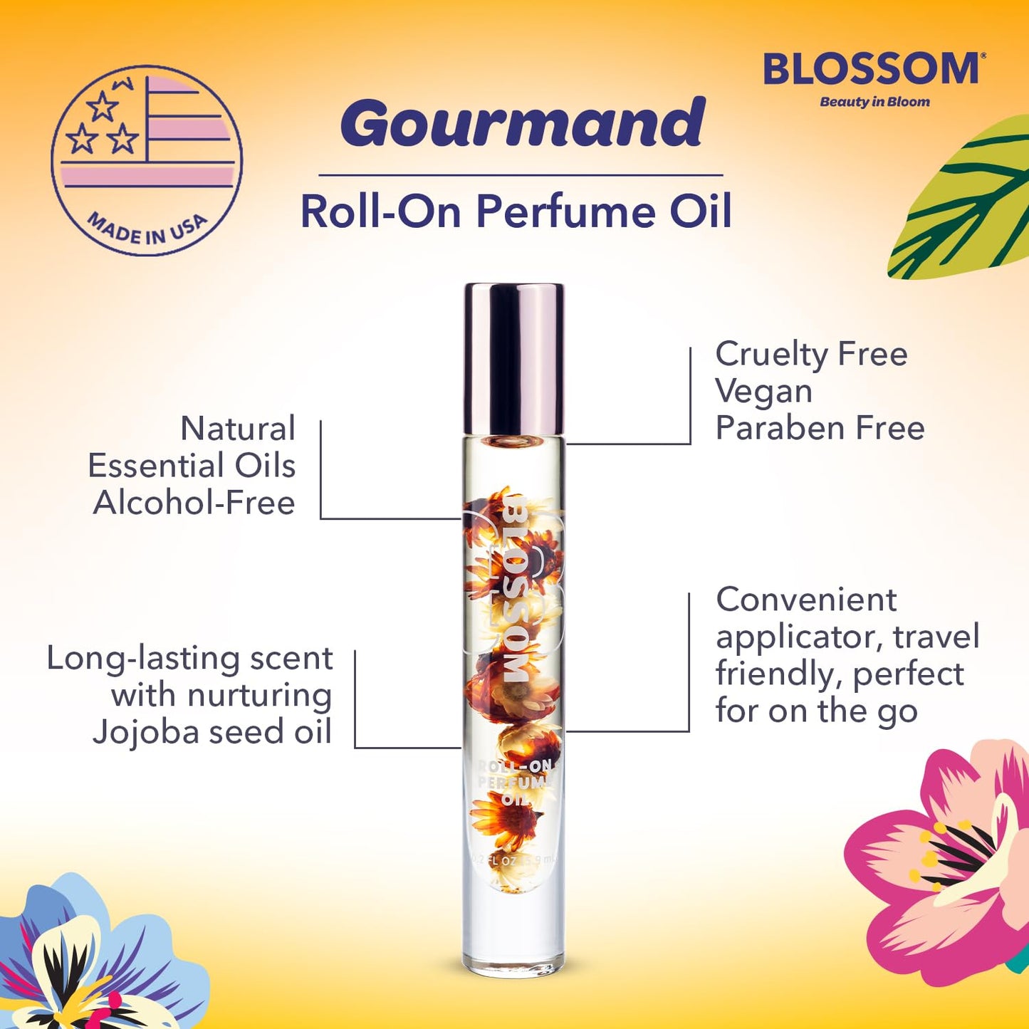 Blossom Roll on Perfume for Women Alcohol Free Gourmand Rollerball Perfume Oil with Essential Oils, Infused with Real Flowers, Made in USA, 0.20oz, (Honey, Vanilla Caramel, Sugar) Honey Crème Brulee