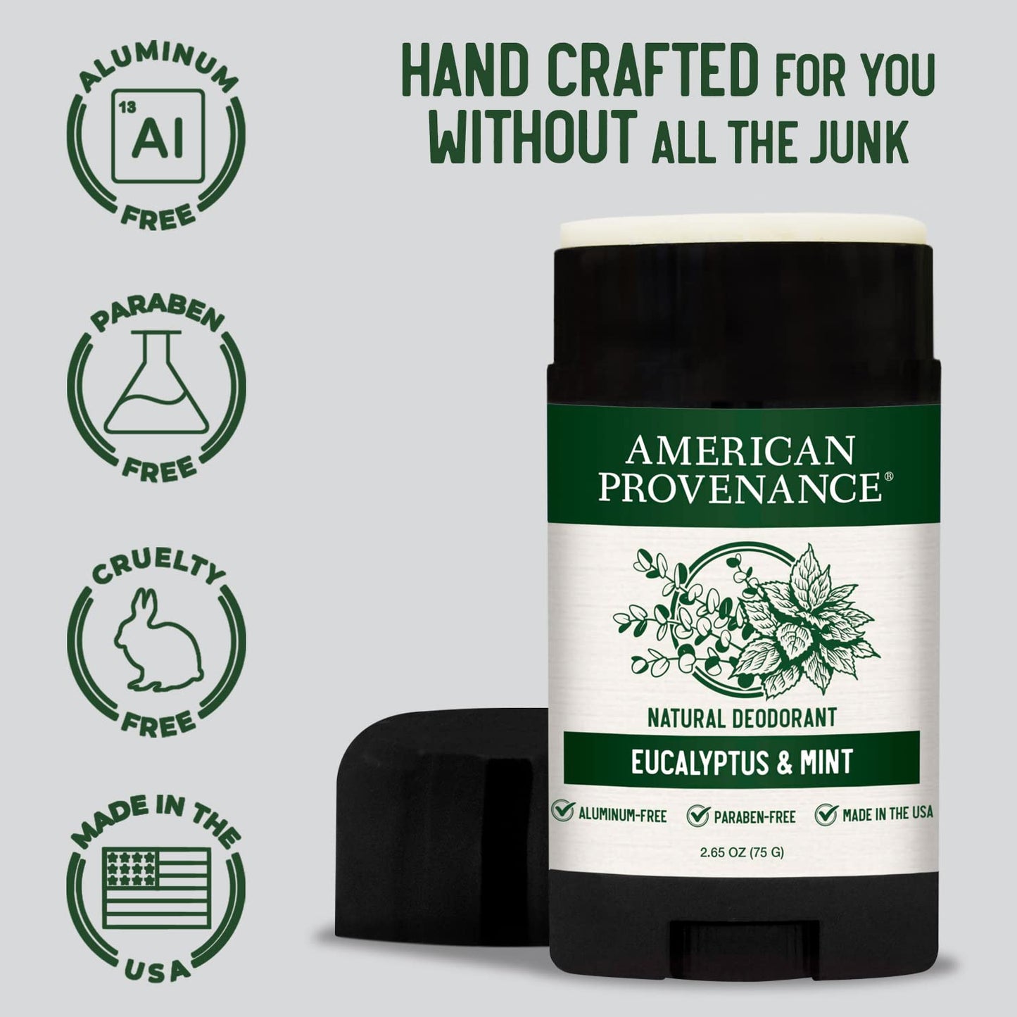 American Provenance Aluminum Free Natural Deodorant For Women and Men - Eucalytus and Mint - 24 Hour Odor Protection Cruelty Free - Made in the USA (1 pack)