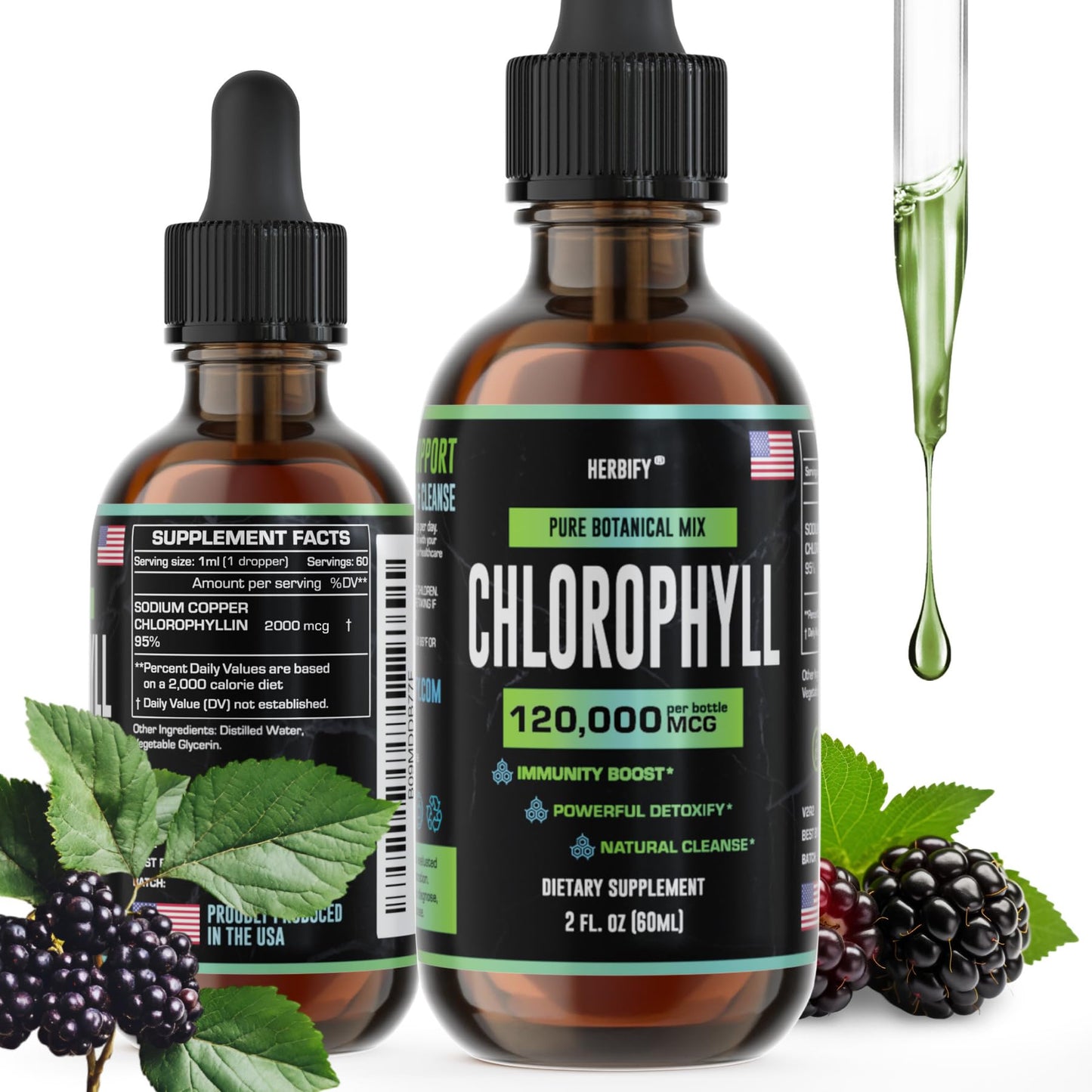 HERBIFY Chlorophyll Drops - Liquid Chlorophyll for Energy Boost & Immune System Support - Made in USA - Chlorophyll Liquid Drops for Body Detox, Internal Deodorant & Enhance Skin - 2 Oz