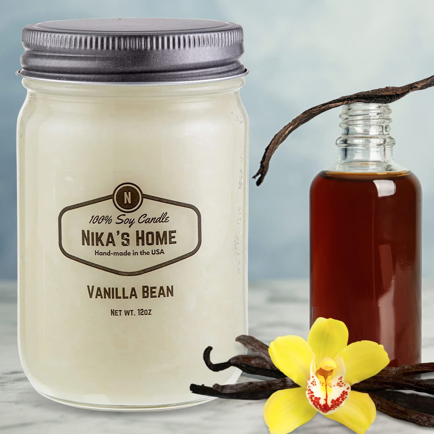 Nika's Home Vanilla Bean Soy Candle - 12oz Mason Jar - Non-Toxic - Hand Poured in The USA, Long Burning 50-60 Hours Highly Scented All Natural, Clean Burning