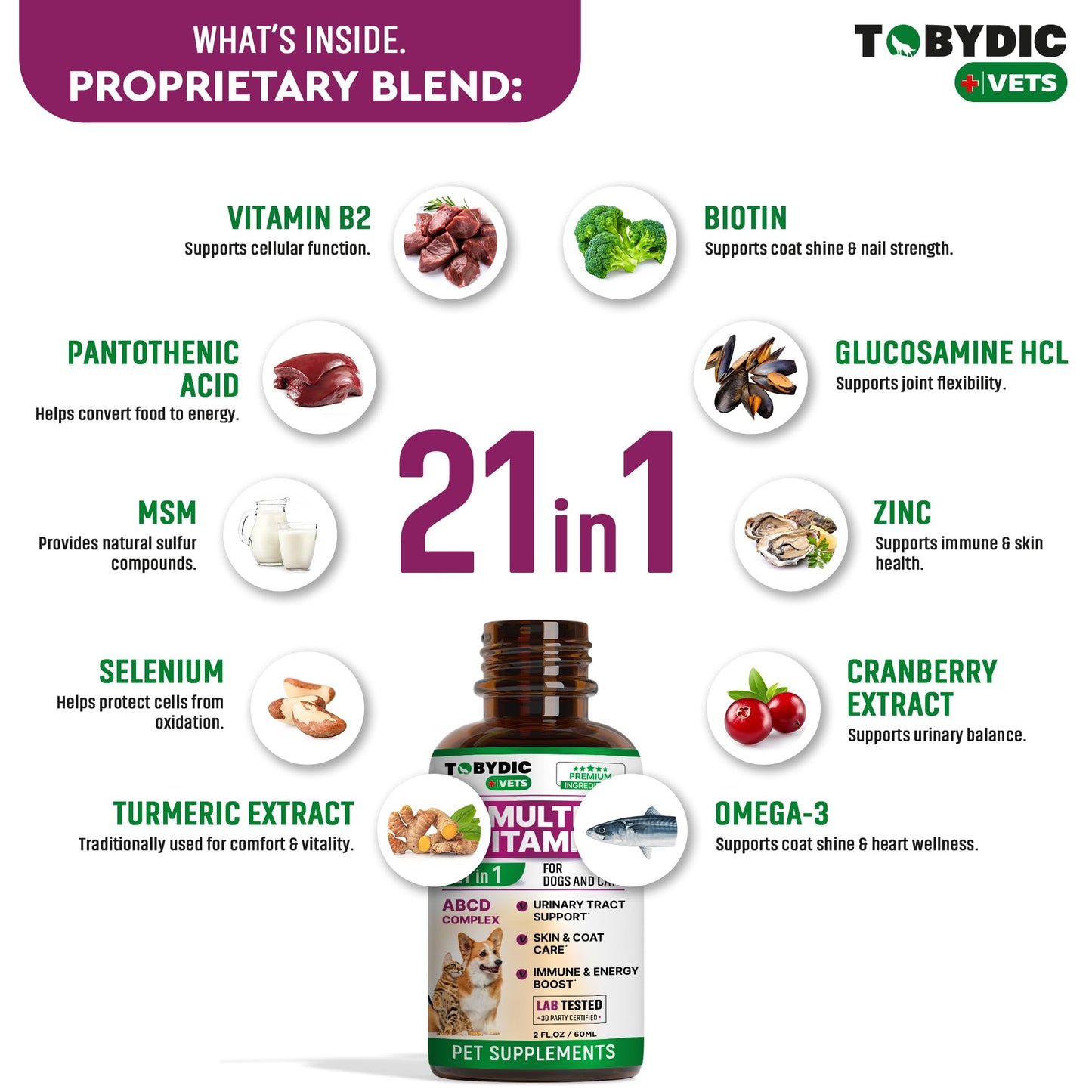 TOBYDIC Cat & Dog Multivitamin 21 in 1 Pet Supplements with Cranberry & Glucosamine - Natural Medicine & Support for UTI, Urinary Tract, Bladder, Kidney, Skin Coat, Joints Treatment Made in USA