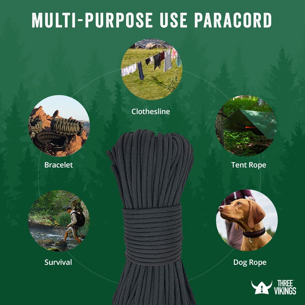 Three Vikings Paracord Rope - 100% Nylon 11 Strand Core - Type IV 750lb - Stronger Than Paracord 550 Cord - Made in USA - Available in Continuous Spools and Many Colors
