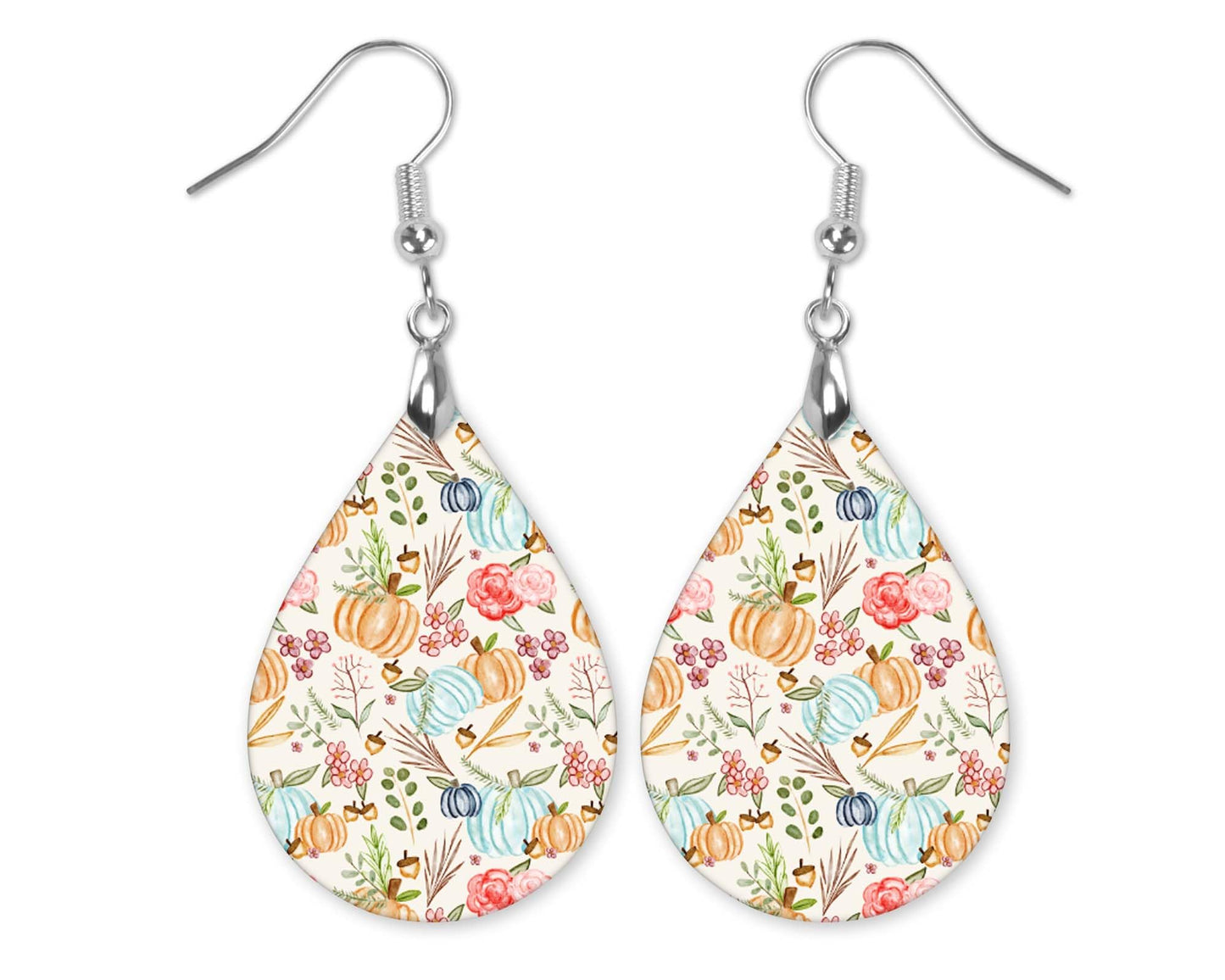 Fall Earrings for Women Autumn Thanksgiving Lightweight Teardrop Dangle Fun Colorful Statement Jewelry Handmade by the Painted Pug (Fall Floral Teal Pumpkin)