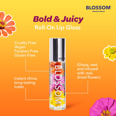 Blossom Roll on Lip Gloss, Scented Clear High Shine Moisturizing Lip Oil, Non Sticky, Infused with Real Flowers, Made in USA, 0.2oz, Mango