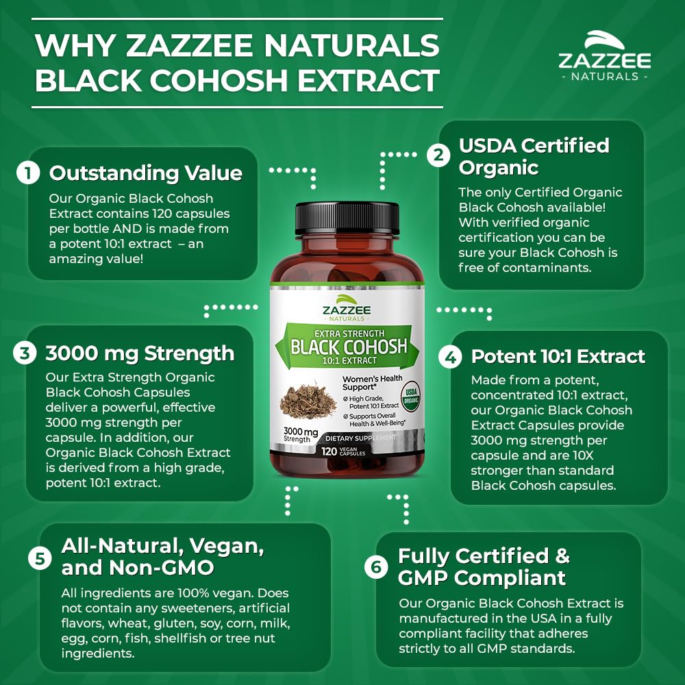 Zazzee USDA Organic Black Cohosh 10:1 Extract, 3000 mg Strength, 120 Vegan Capsules, 4 Month Supply, Standardized and Concentrated 10X Extract, 100% Vegetarian, All-Natural, Non-GMO, Made in The USA