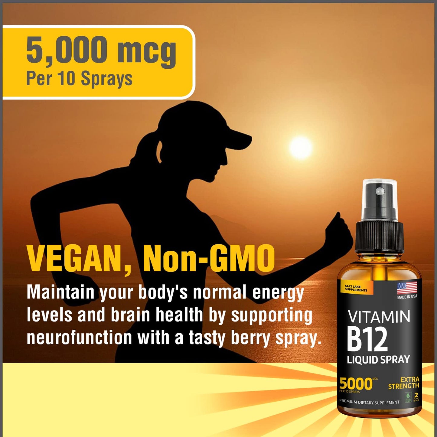 Vitamin B12 Sublingual Spray 5000 mcg – Vegan Methylcobalamin Liquid B12 Boost Energy, Mood & Brain Health - Gluten-Free, Non-GMO B12 Spray for Men & Women - Easy Dosage (5000 mcg in 10 Sprays)