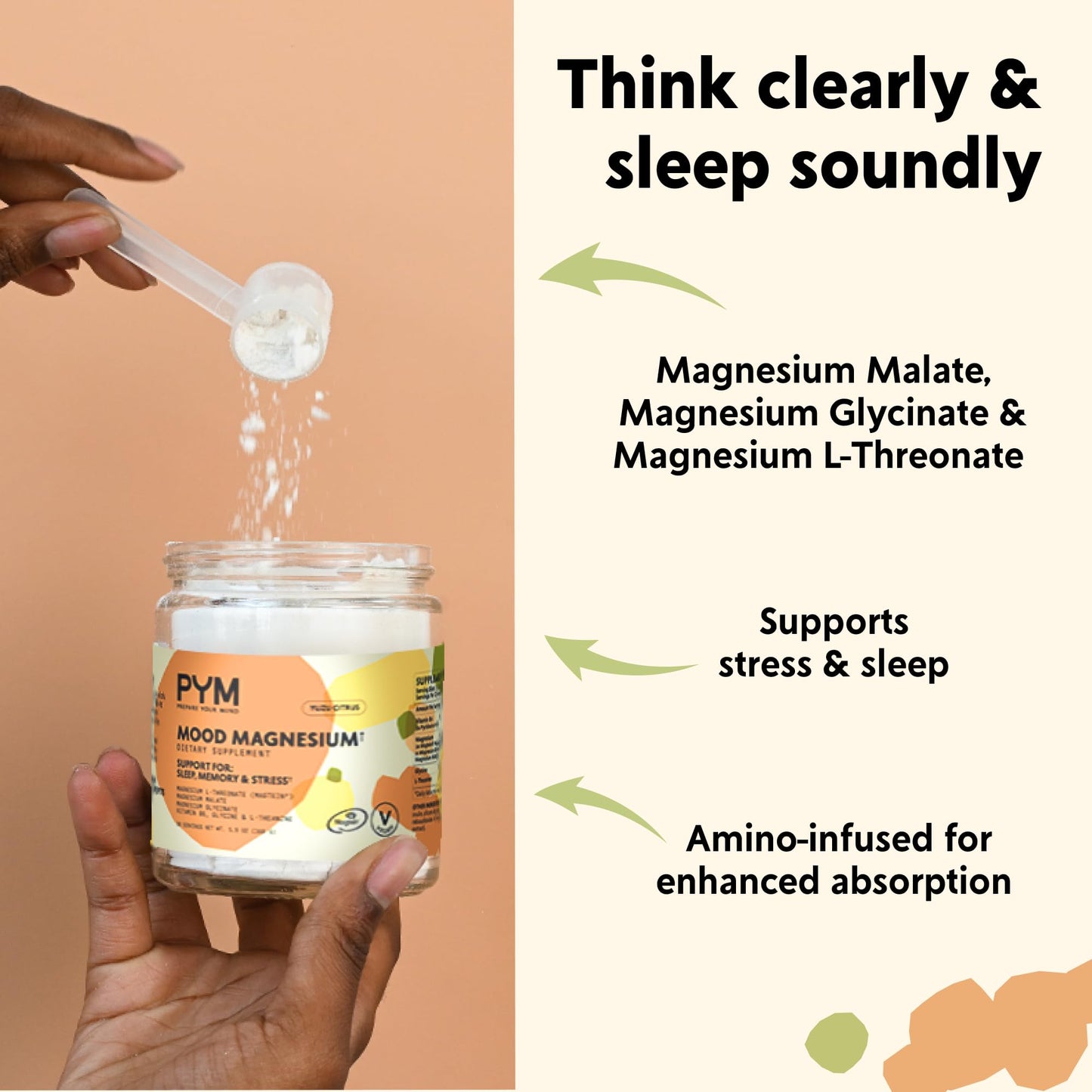 PYM Mood Magnesium Powder (30-Servings) Magnesium Glycinate, L-Threonate & Malate Powder | Aid & Mood Support Supplement for Stress