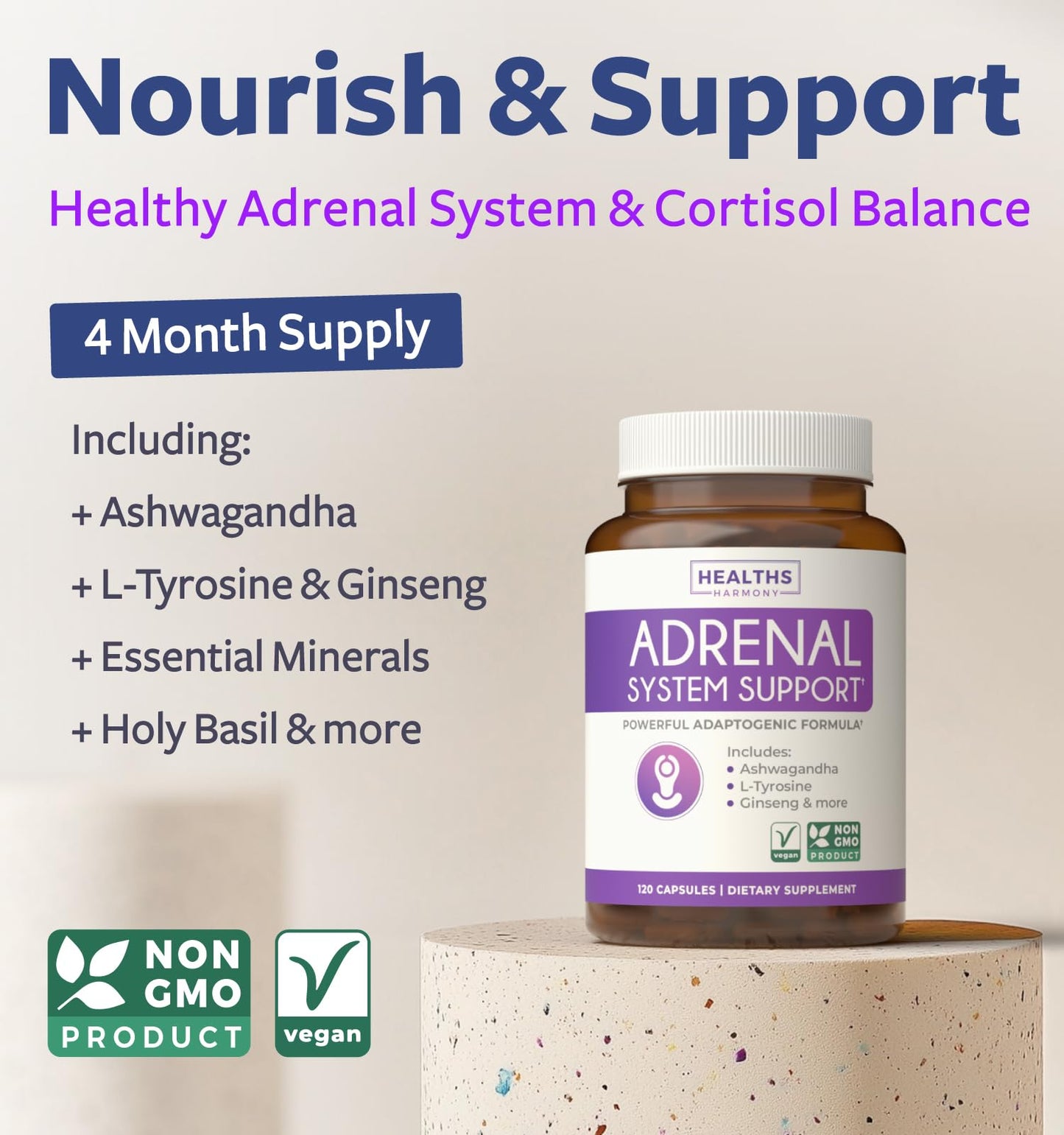 Adrenal Support & Cortisol Manager (Non-GMO) Powerful Adrenal Health with L-Tyrosine & Ashwagandha - Maintain Balanced Cortisol Levels & Stress Relief - Fatigue Supplement - 120 Capsules