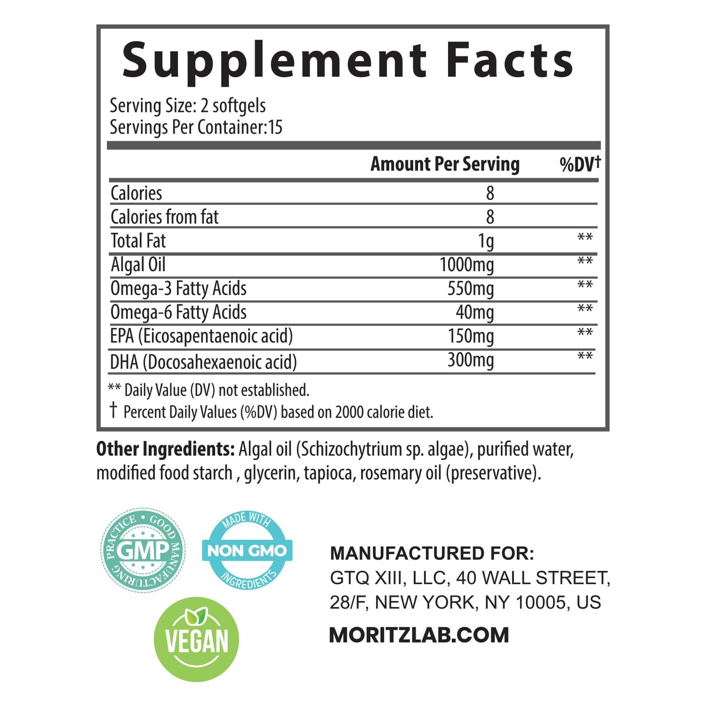 DR. MORITZ Vegan Omega 3 DHA & EPA Supplement - Algae Omega-3 Fatty Acids 1000mg - Fish Oil Alternative for Heart, Brain, Joint, Immune System Support 30 Count(Pack 1)