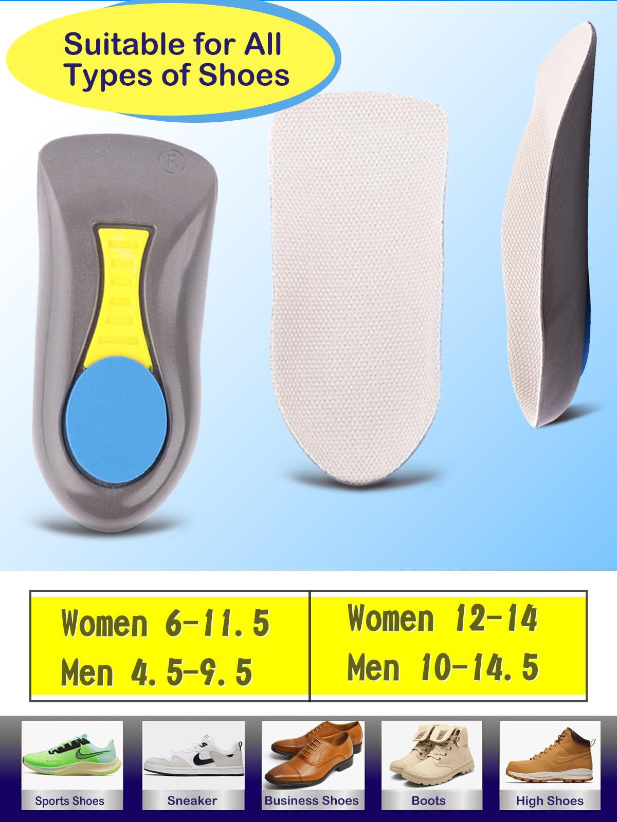 Heel Cup Plantar Fasciitis Inserts Arch Support【PORON Cushion - Made in USA】 Men Women Heel Insoles for Heel Pain (Gray, Women 6-11.5 / Men 4.5-9.5)